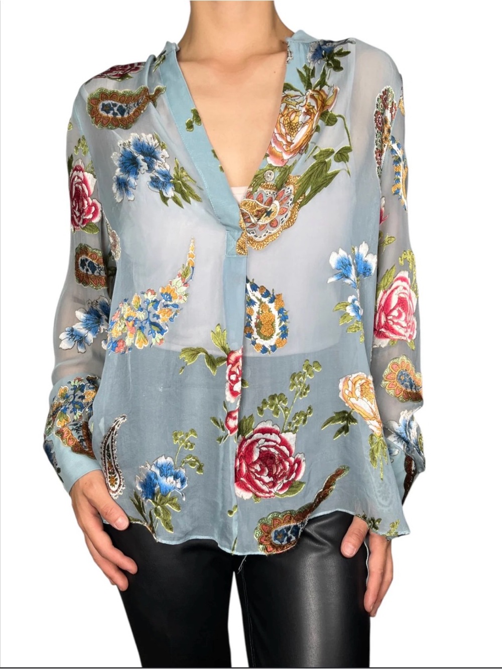 Alice + Olivia Light Blue Floral Paisley Sheer Button-Front Blouse